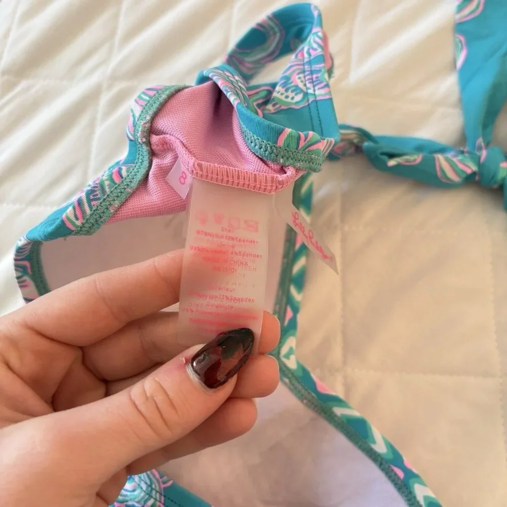 Lilly Pulitzer Womens Size 8 Roby Bikini Top WATER YA WAITING FOR Blue Pink Pool - Picture 8 of 8